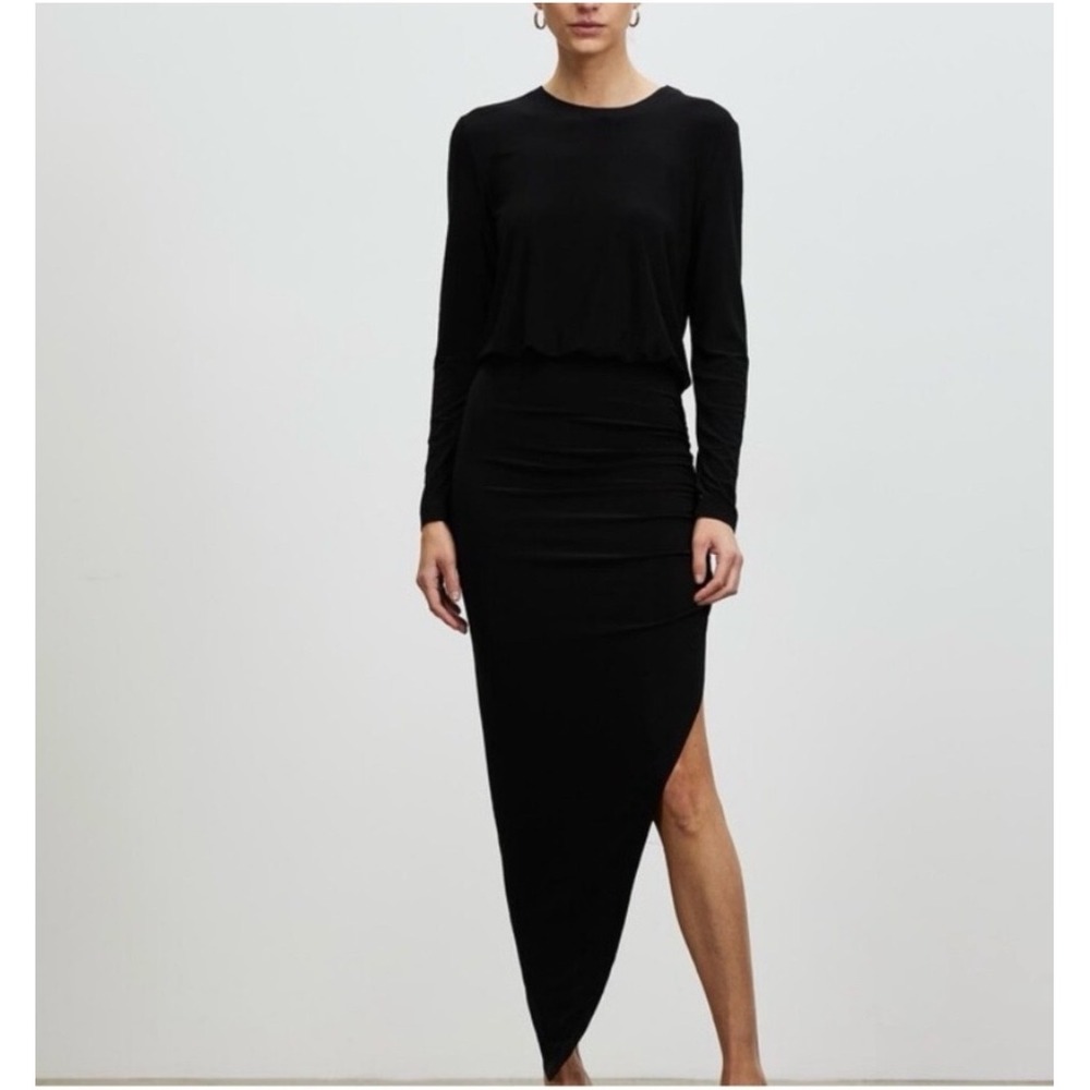 NWT Norma Kamali Asymmetrical Ruched Black Long Sleeve Maxi Dress Size S 36  #75